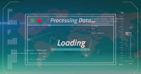 Animation of multiple text, loading bar and computer language over dots on map Stock Footage 247616256