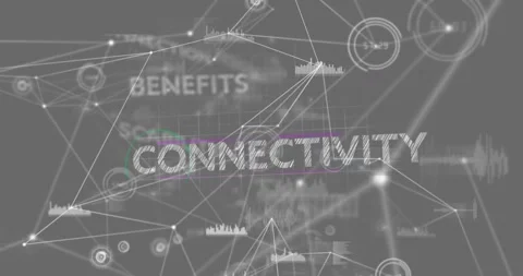 Animation of multiple text over connected dots with graph icons against abstract 스톡 동영상 327062262