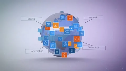 Animation of multiple texts and icons over globe against abstract background Stock Footage 330291595