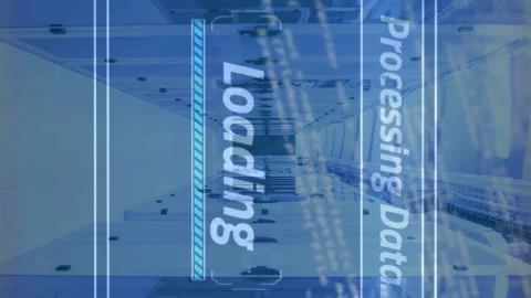 Animation of multiple texts and loading bar over computer language against Stock Footage 312874857