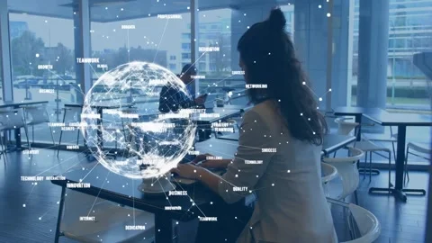 Animation of multiple texts around globe, caucasian woman working on laptop in Stock Footage 328154755