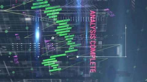 Animation of multiple texts, graphs and lens flares with dots against abstract Stock Footage 312354634