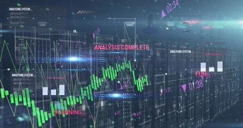 Animation of multiple texts, graphs and lens flares with dots against abstract Stock Footage 330167680