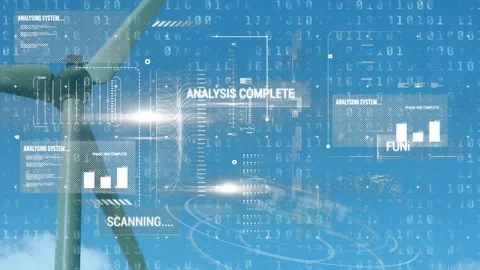 Animation of multiple texts, graphs moving lines and binary codes over low angle Stock Footage 232184062