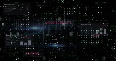 Animation of multiple texts, lens flares, bar graphs and dots forming abstract Stock Footage 328641923