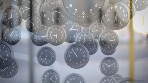 Animation of multiple ticking clocks falling against blurred view of city Stock Footage 327898243