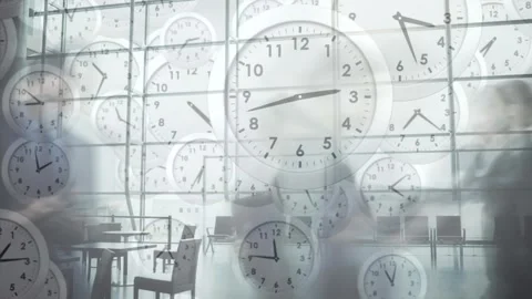 Animation of multiple ticking clocks falling against time-lapse of Stock Footage 330172486