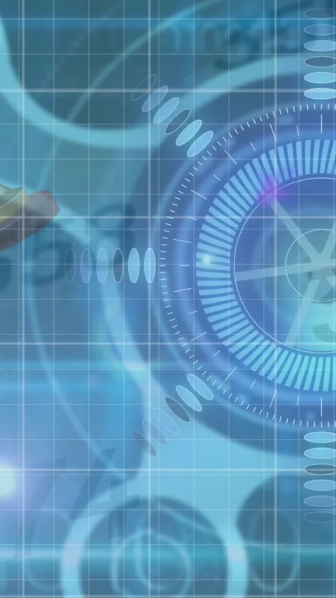 Animation of multiple trophy icon and graphs over round scanner against blue Video stock 322955067