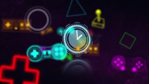Animation of multiple video game controller icons and neon ticking clock against Stock Footage 327008650