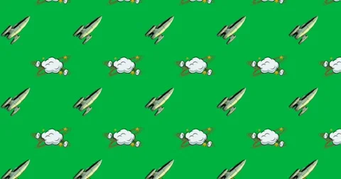 Animation of multiple vintage comic cartoon clouds and space rockets icons Stock Footage 325366350