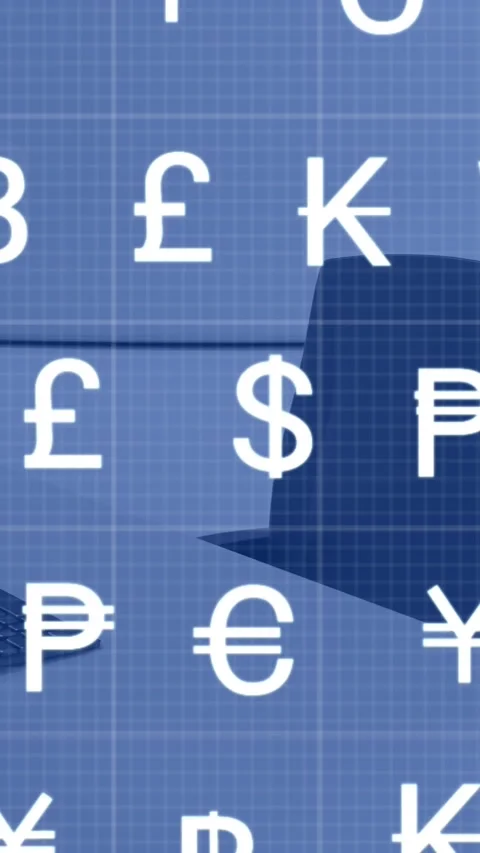 Animation of multiple white currency icons over unoccupied chair and computer in Stock Footage 344783614