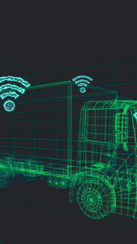 Animation of multiple wifi icons over 3d van model moving in seamless pattern in Stock Footage 343644969