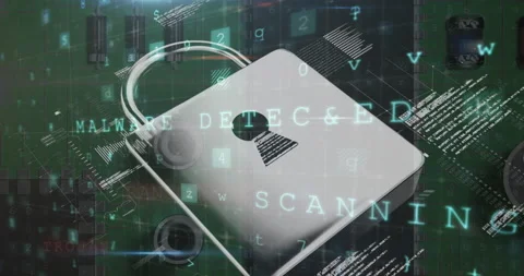 Animation of multiple words and numbers over a padlock and microprocessor Vídeo Stock 147869390