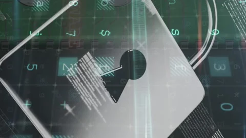 Animation of multiple words and numbers over a padlock and microprocessor Vídeo Stock 312471016