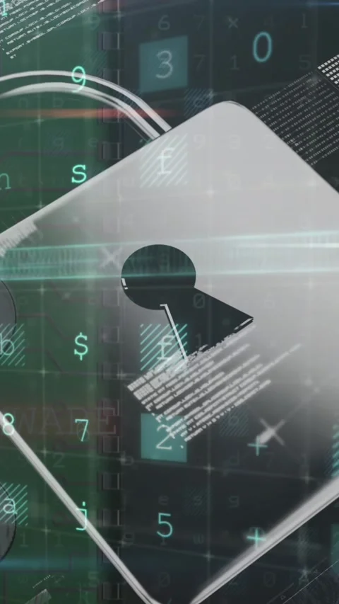 Animation of multiple words and numbers over a padlock and microprocessor Vídeo Stock 323682218