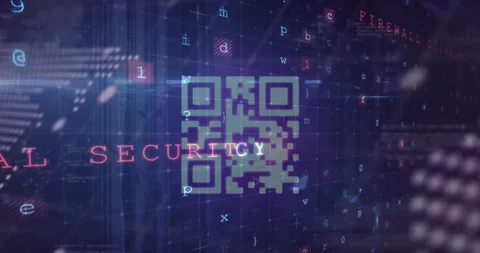 Animation of multiple words, letters, number and symbols over qr code against Stock Footage 221007653