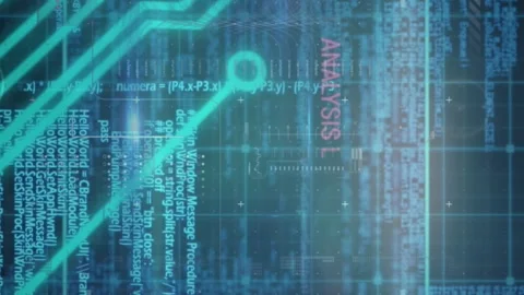 Animation of multiple words, programming language and circuit board pattern over Stock Footage 313377976
