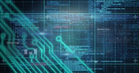 Animation of multiple words, programming language and circuit board pattern over 動画素材 329709497
