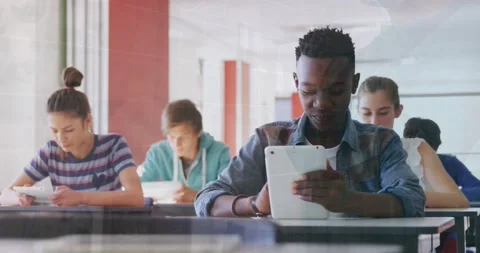 Animation of multiracial students using tablets in classroom and surgeon wearing 库存影片 204748061