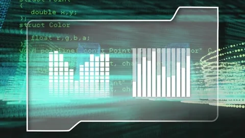 Animation of music equaliser over folder against data processing and 3d city Stock Footage 245544647