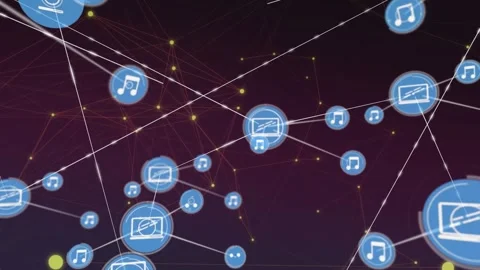Animation of musical note and laptop icons interconnected with lines on abstract Stock Footage 327393373