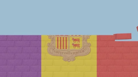 Animation National Flag on a Brick Wall Being Built - Andorra Stock Footage 233453068