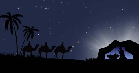Animation of nativity scene with three kings and shooting star Stock Footage 328453193