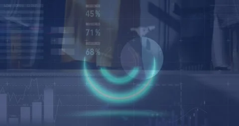 Animation of neon banner over statistical data processing against low section of Stock Footage 326103079