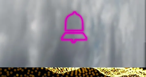 Animation of neon bell over grey texture background with gold glitter Stock Footage 329294935