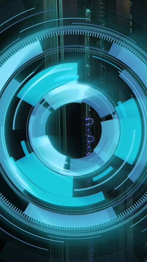 Animation of neon blue round scanner spinning against computer server room Stock Footage 344693719