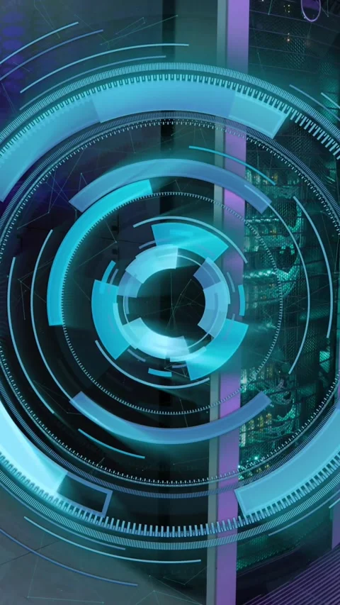 Animation of neon blue round scanner spinning against computer server room Stock Footage 344803381