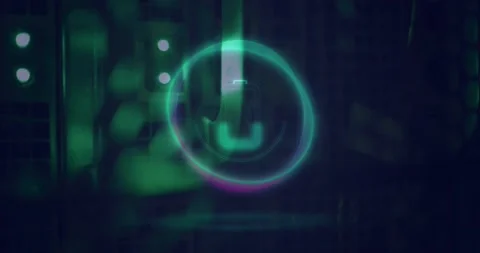 Animation of neon circle with battery over servers Video stock 203838384