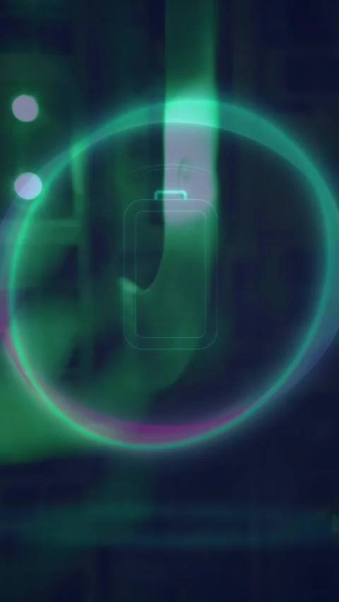 Animation of neon circle with battery over servers Video stock 323922364