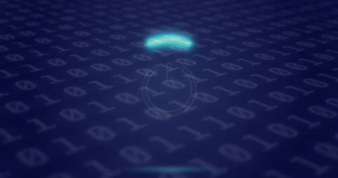 Animation of neon circle with power over binary code on digital screen 库存影片 203843431