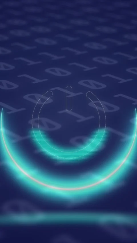 Animation of neon circle with power over binary code on digital screen Stock Footage 342004933