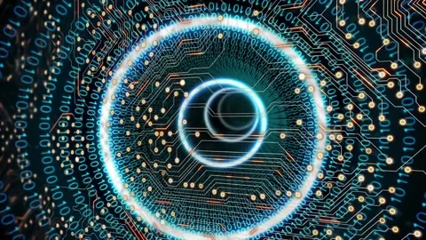 Animation of neon circles, binary code and integrated circuit on black 库存影片 328830241