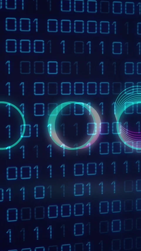 Animation of neon circles over binary code on digital screen Stock Footage 342004938
