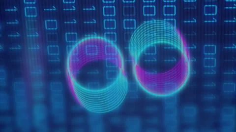 Animation of neon circles over digital screen with binary code 库存影片 313116474