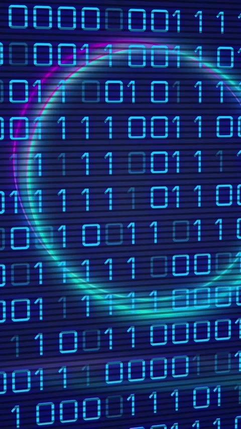 Animation of neon circles over digital screen with binary code Stock Footage 342594583
