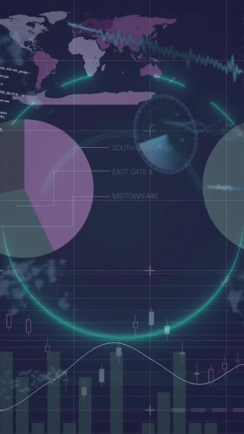 Animation of neon circular shapes over statistical data processing against blue Stock Footage 344803149
