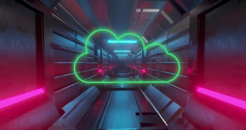 Animation of neon cloud icon over glowing lgiht trails and computer server Video stock 307469850