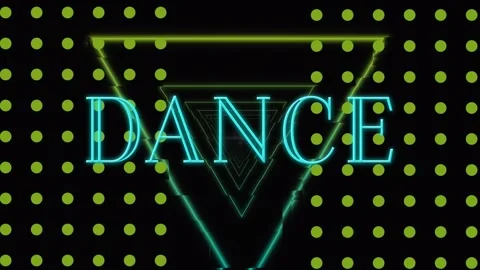 Animation of neon dance text banner over yellow dots and triangular neon tunnel Stock Footage 328082887