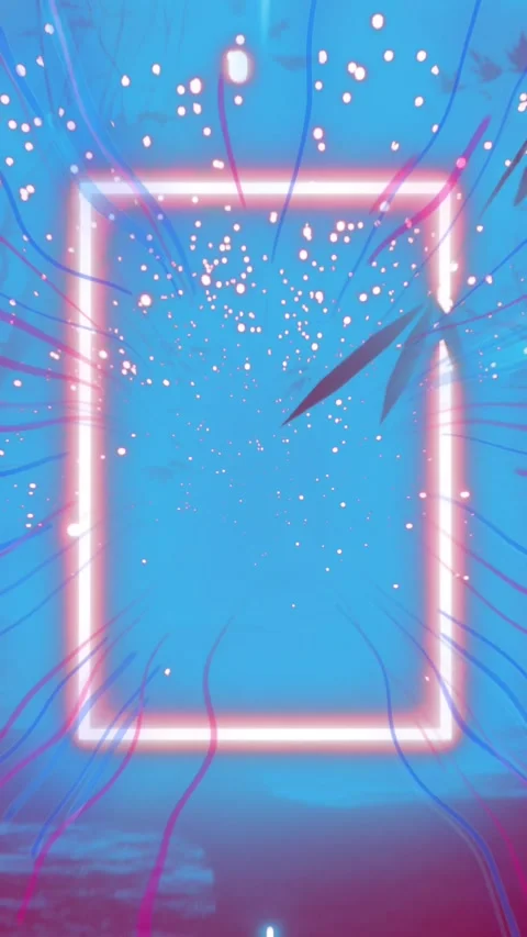 Animation of neon frame over falling light spots over trees Vidéo 323897619