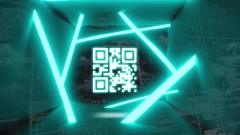 Animation of neon green qr code scanner over data processing and dark clouds on Stock Footage 328927127