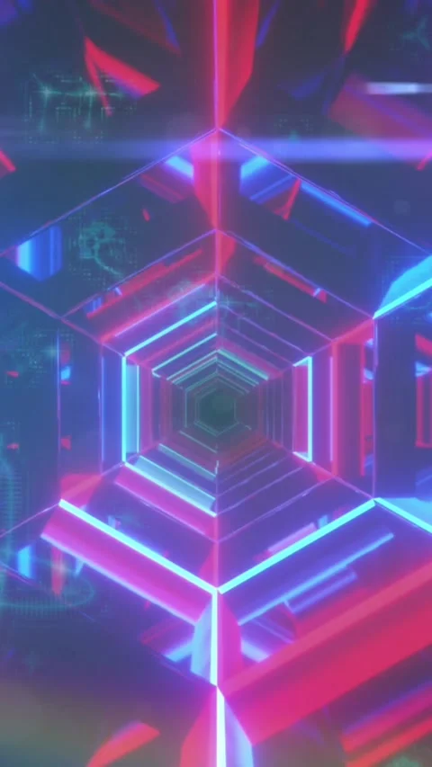 Animation of neon hexagons made of lights moving on black, blue and red Видео 323420261