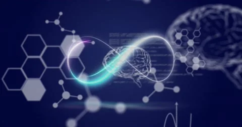 Animation of neon infinity over brain, chemical formulas and data on navy Stockbeeldmateriaal 203838676
