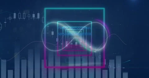 Animation of neon infinity over digital screen with squares and graphs Video stock 203846650