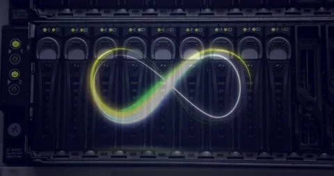 Animation of neon infinity over servers Stock Footage 203843861