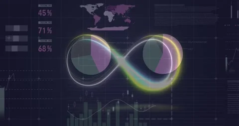 Animation of neon infinity shape over statistical data processing against black Stockbeeldmateriaal 220413229