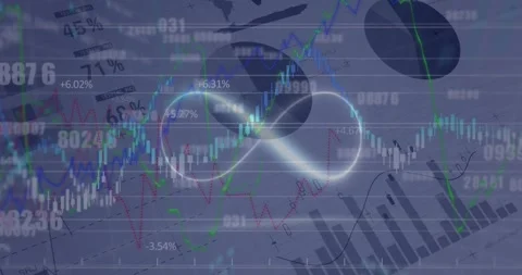 Animation of neon infinity shape over financial and statistical data processing Stockbeeldmateriaal 325771228
